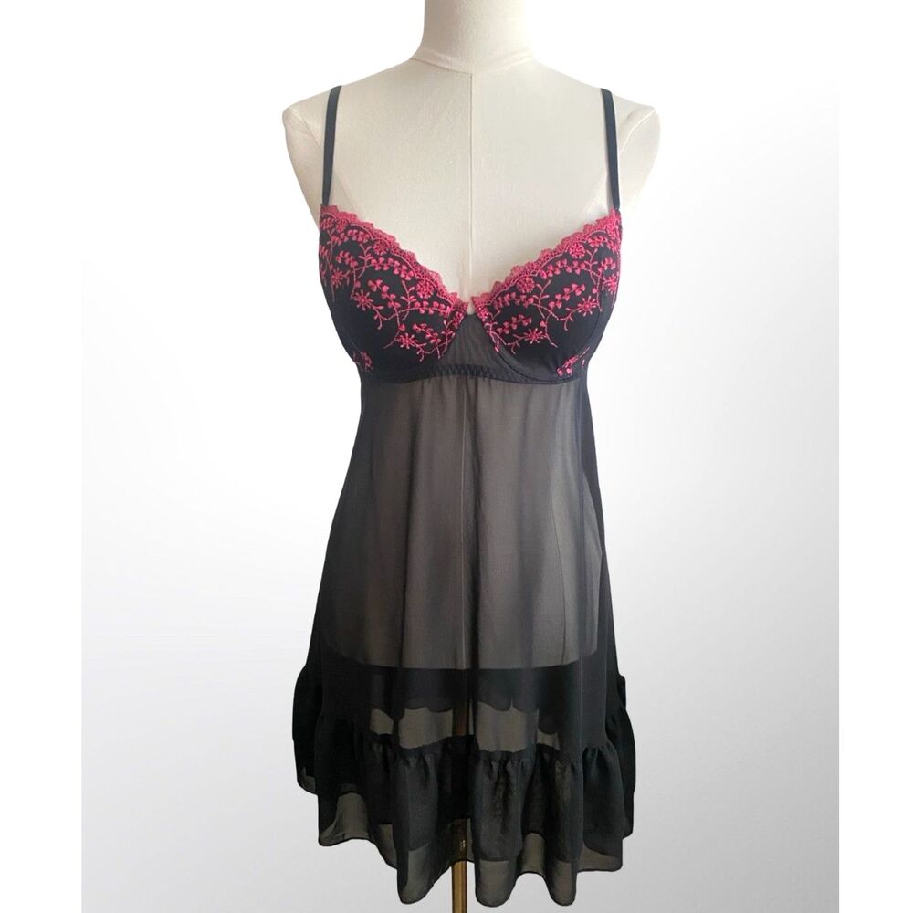 VTG Inner Secrets Y2K Black Pink Embroidered Mesh Babydoll Lingerie Chemise XL
